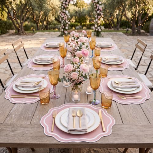 Breling Pink Cotton Scalloped Embroidered Placemats Set of 6 - Elegant Table Decor