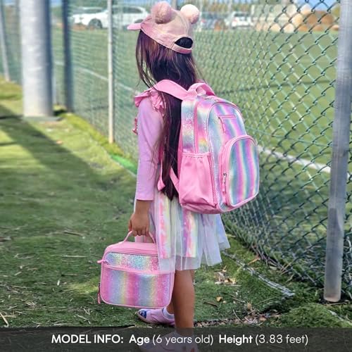 Mibasies Glitter Rainbow Kids Backpack for Elementary Girls 15" - Large Capacity, Water-Resistant, Insulated Front Pocket