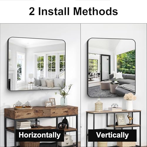 Bathroom Mirror, 36 x 30 inch Metal Framed Black Rectangle Rounded