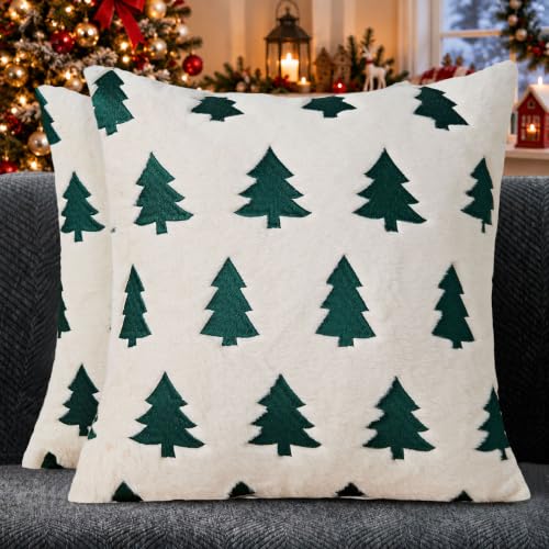 Allorry Christmas Pillow Covers 18x18 Beige Green Pack of 2 with Hidden Zipper