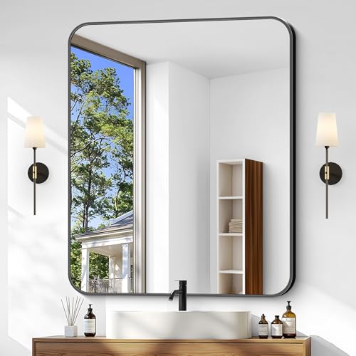 Bathroom Mirror, 36 x 30 inch Metal Framed Black Rectangle Rounded