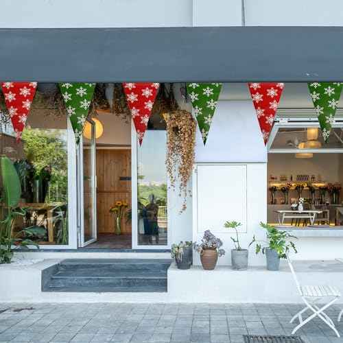 100FT Christmas Plastic Flags, Holiday Pennant Banner, Green and Red Garland with White Snowflakes, Xmas Decoration Triangle Flags, Winter Decoration Bunting Banner, by Bashout