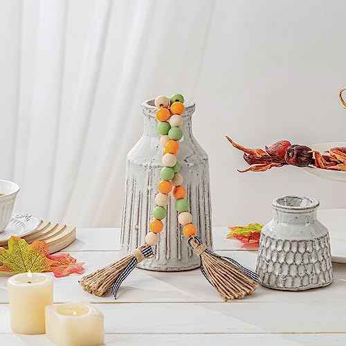 Fall Wood Bead Garland Tassels Thanksgiving Farmhouse Tiered Tray Holiday Decorations Rustic Wooden Bead Jute Rope Plaid Autumn Retro Country Home Decor for Nursery Room Vase (Green & Orange & Beige)