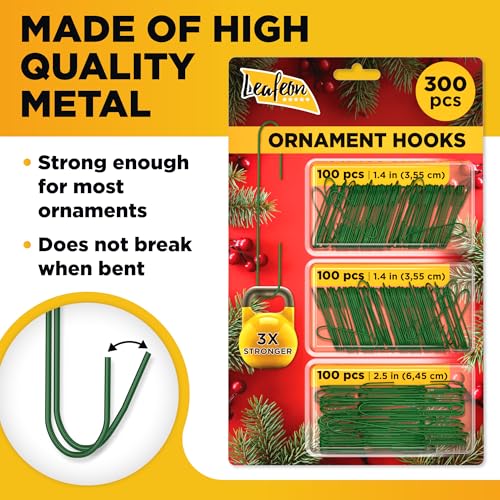 Leafeon 300 Pack Christmas Ornament Hooks for Christmas Tree Decoration ? The Best Holiday Ornament Hangers (Green)