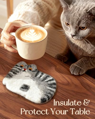 Kokaaee Cow Cat Felt Coaster - Wool Table Mat for Drinks, 1pc