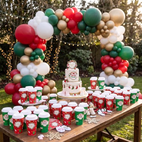 FoldTier 100 Count Santa Baby Coffee Cups with Lids & Sleeves - 12 oz (Red/Green) Baby Shower Set