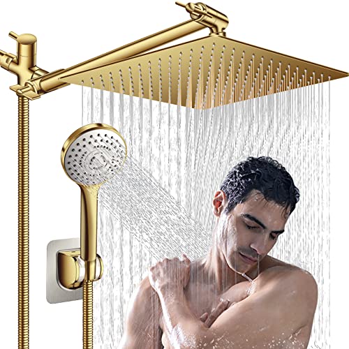 PinWin 12'' Rain Shower Head with 11'' Extension Arm - Brushed Gold