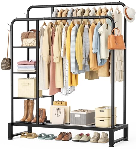 Black Double Rod Clothes Rack with Storage Shelves and Hooks - Heavy Duty Garment Organizer
