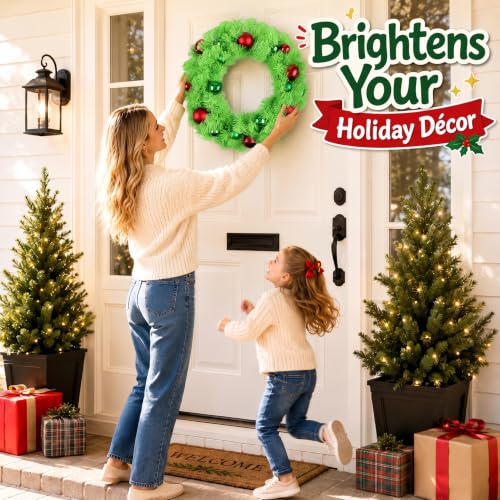 Enven Lime Green Christmas Wreath with Ornaments - Indoor Outdoor Holiday Decor