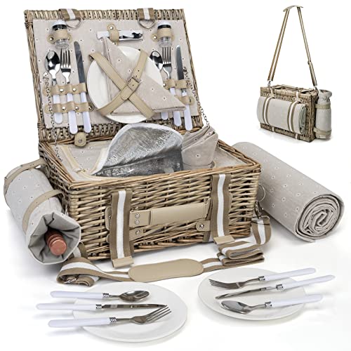 Grey 31-Piece Picnic Basket Set for 4 with Insulated Cooler, Waterproof Blanket & Wine Pouch