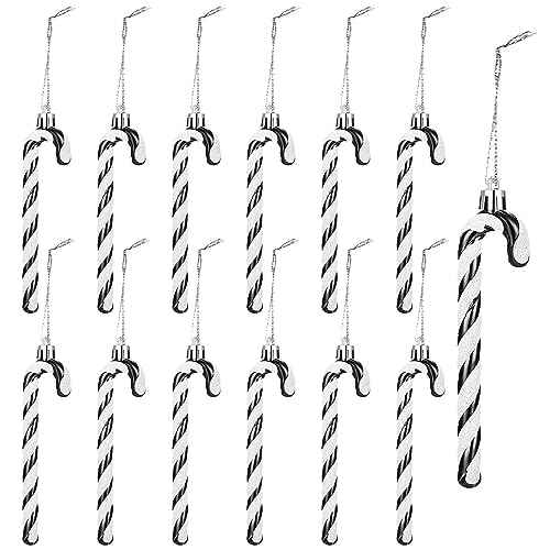 12Pcs Glitter Candy Cane Christmas Tree Decorations Christmas Plastic Candy Cane Christmas Tree Hanging Ornament for Holiday Party Decoration Favor (Black and White)