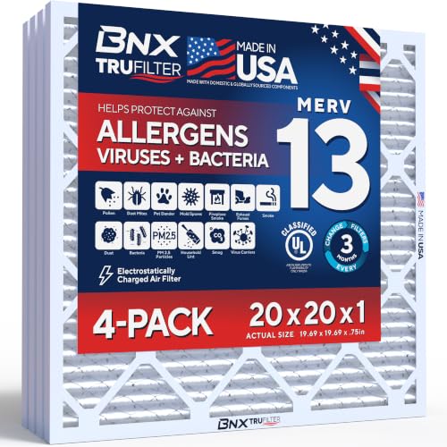 BNX 20x20x1 MERV 13 HVAC Air Filter 4 Pack - Allergies Dust Pet Dander Smoke