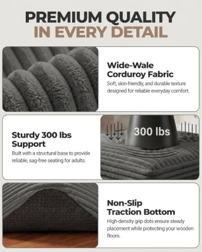 Dark Gray 23.6in Corduroy Pouf Ottoman Floor Seat & Footrest — Plush Support