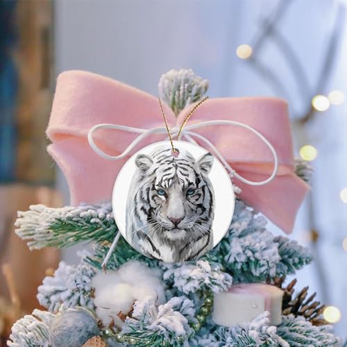 Ceramic Christmas Ornaments White Tiger Double-Sided Xmas Hanging Decor