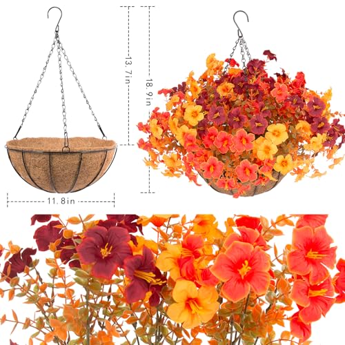 Artificial Fall Hanging Basket Set with 24 Petunias - Orange, Outdoor Decor
