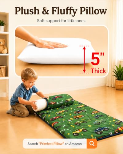 Primlect Toddler Nap Mat with Pillow - Green Truck, Extra Large & Thickened