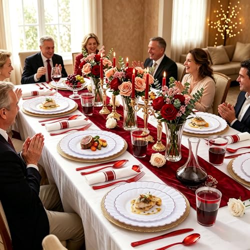 YOUBET 350PCS White and Red Scalloped Plastic Plates for Weddings (Red Variant)