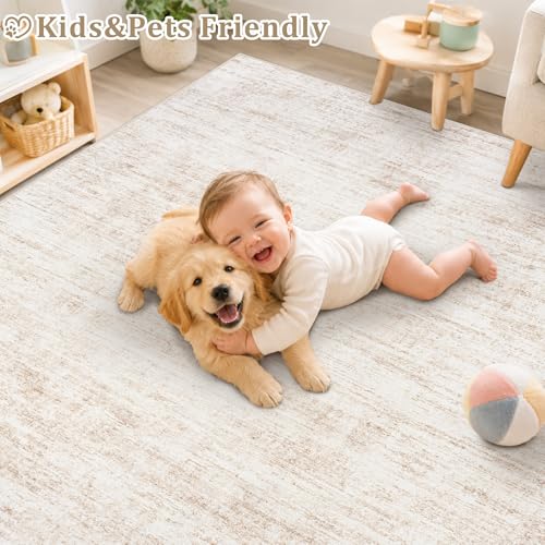 Beige 8x10 Washable Area Rug - Neutral Abstract Pattern, Non-Slip Backing