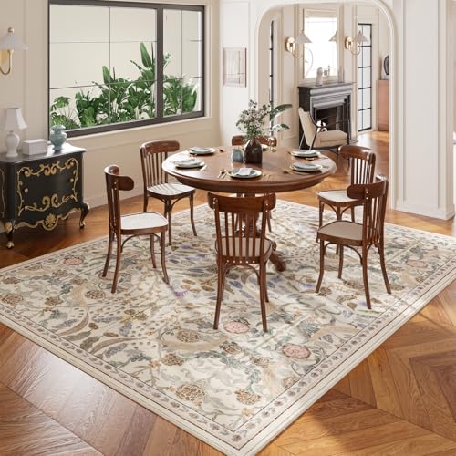 AMTOVO 8x10 Beige Washable Area Rug with Floral Vintage Design for Living Room & Bedroom