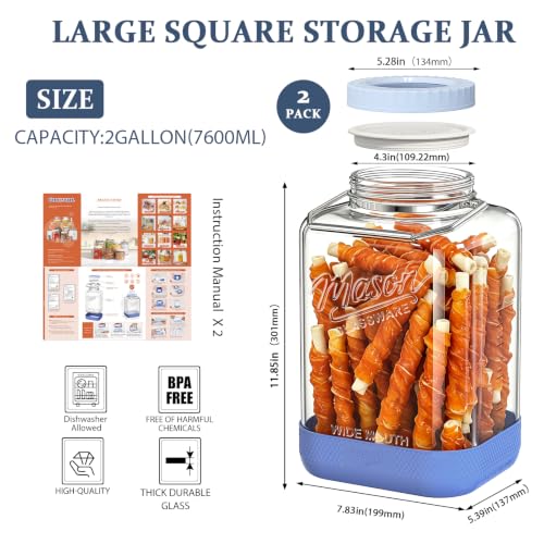 2 Gallon Airtight Glass Storage Jar Set with Dual Seal Lids - Square, Food-Grade, Bulk Pantry Organizer