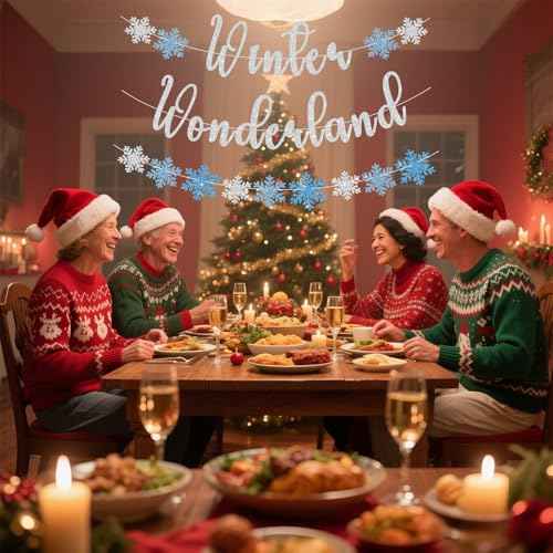 Winter Wonderland Banner, Pre-Strung Christmas Banner for Mantle, Glitter Snowflake Banner, Winter Wonderland Sign for Winter New Year Xmas Party Fireplace Hanging Supplies