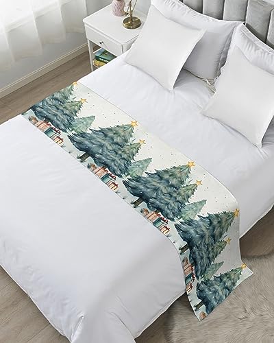 83 x 20 Inch Queen Bed Runner Christmas Tree Decor Satin Bed Scarf for Hotel & Home