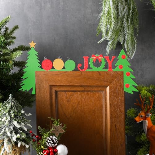 2 Pcs Christmas Door Topper Funny Joy Tree Door Frame Corner Sign Decor Home Wooden Christmas Cabinet Knob Covers Party Ornament Props Gift for Wall Window DIY