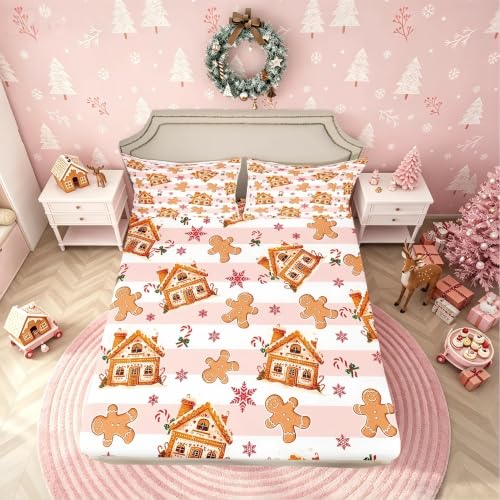 Feelyou Pink & Beige Gingerbread Man Fitted Sheet Queen Size Kids Bedding Set with Snowflake Design
