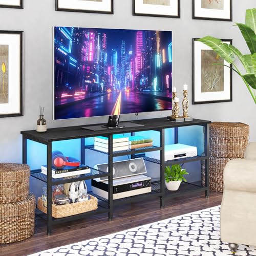 YGEOMER Black Entertainment Center for 50in TVs with LED Lights & Charging Station
