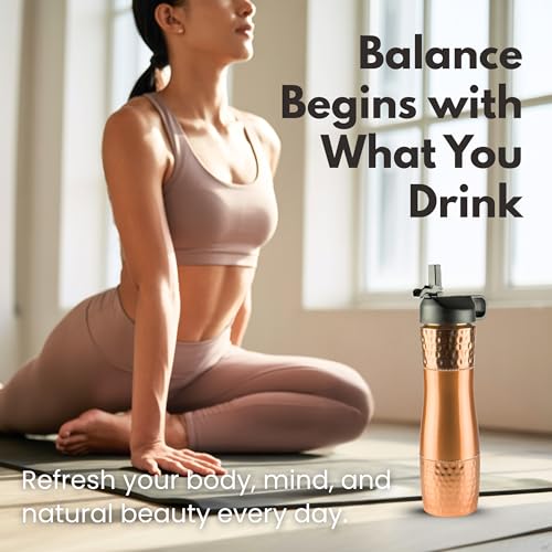 Copper Water Bottle with Straw & Sports Lid - Black Lid, 33.5oz / 950ml