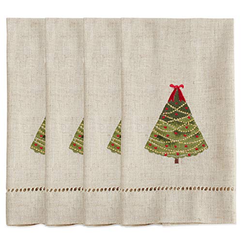 SARO Lifestyle Ribbon Christmas Tree Guest Towels - Embroidered & Hemstitched, 4-Pack, 14x22"