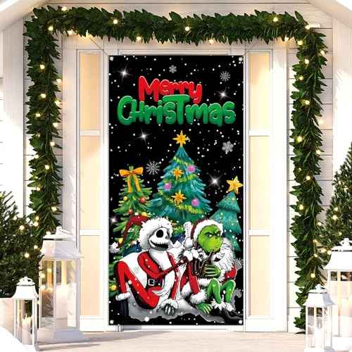 Sunwer Merry Christmas Door Cover Jack Decoration Front Porch Sign Backdrop Banner for Home Decor
