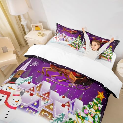 Manfei Xmas Duvet Cover Set Queen Size, Snowman Christmas Tree Bedding Set for Kids Boys Girls, Santa Claus with Reindeer Comforter Cover New Year Theme Quilt Cover with 2 Pillowcases, No Comforter