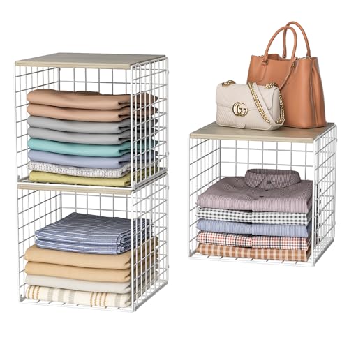 White Stackable Closet Organizers with Wood Top - 3 Pack