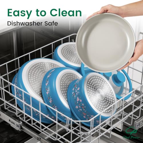 Chef Power 14-Piece Ceramic Cookware Set with Detachable Handles - Non-Toxic, Induction, Dishwasher & Oven Safe, Turquoise