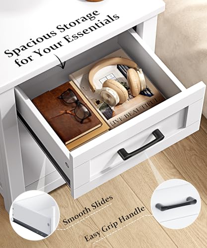 Decofy Farmhouse Nightstand with Charging Station - Pure White, 1 Drawer