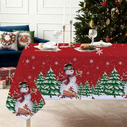 Quimoy Christmas Tablecloth 60¡¿84 Inch Rectangular, Washable Xmas Trees Snowflake Table Cover, Red Winter Xmas Snowman Table Cloth for Christmas Party Picnic Kitchen Dinner Decor