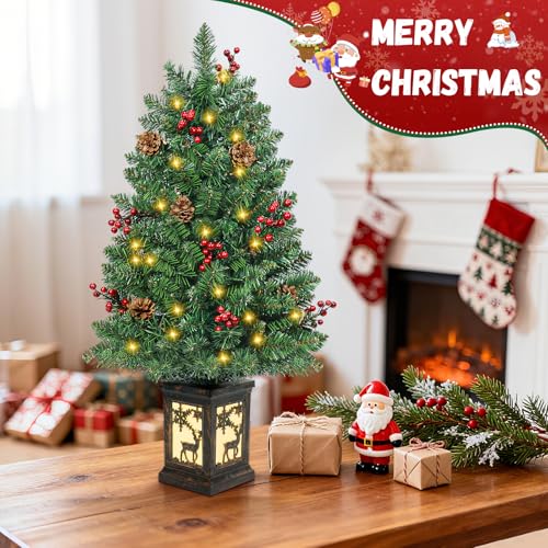 2-Pack 3ft Pre-lit Christmas Tree with 78 LED Lights, Red Berry & Pine Cone, Indoor Outdoor