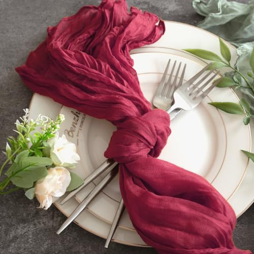 Sioloc Burgundy Red Cheesecloth Table Runner 10 Pack - Fall Holiday Decor, 35x120 inches