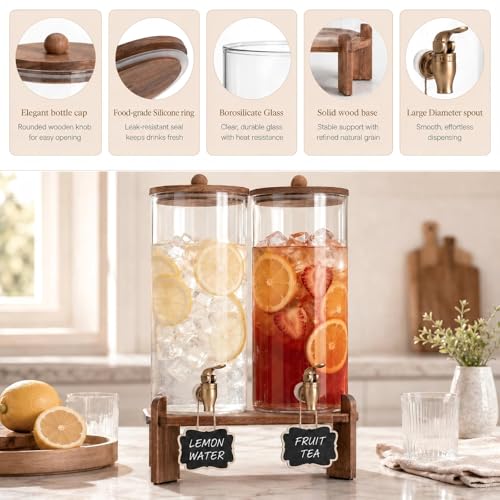 2 Gallon Glass Drink Dispenser Set with Spigot & Acacia Wood Stand - Double Pack