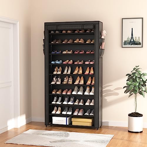 Black 10-Tier Shoe Rack with Dustproof Cover, Large Capacity Organizer