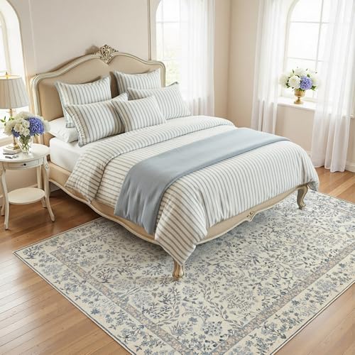 jinchan Blue/Cream 6x9 Washable Vintage Floral Area Rug for Living Room