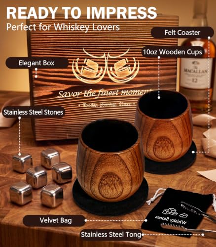 Classic Charred Wooden Whiskey Glass Set - 2 Pack & Accessories for Men