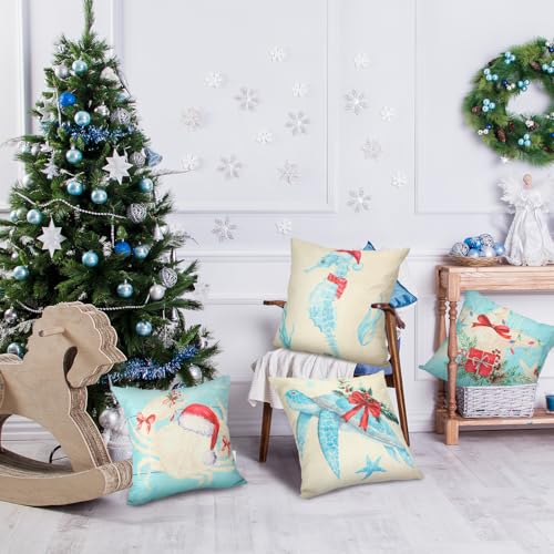 4 Pcs Christmas Sealife Coastal Pillow Covers Coastal Christmas Decoration Linen Throw Pillow Covers Sea Ocean Nautical Decorative Pillowcase for Couch Outdoor Sofa Living Room (20 Inch)