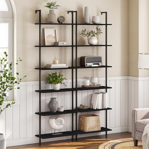 Wall Mounted Ladder Shelf 6-Tier Black Wooden Bookcase for Home Office & Bedroom