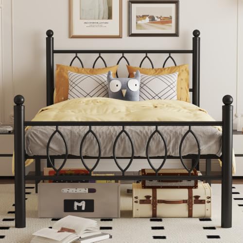 Twin Metal Platform Bed Frame with Headboard - 14 Inch Under Bed Storage - Easy Assembly, No Box Spring Needed - Black - Variation: Twin