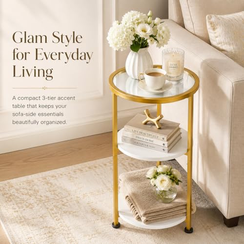 3-Tier Tempered Glass Side Table - White & Gold Space-Saver