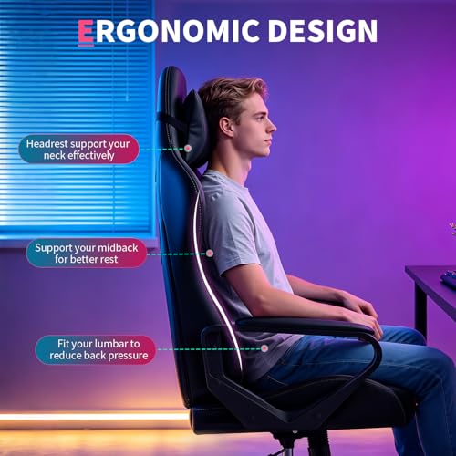 FDW White Gaming Chair with Lumbar Support & Headrest - Ergonomic PU Leather Desk Seat