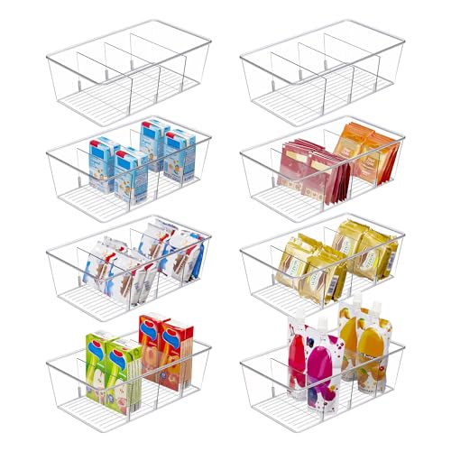 8 Pack Food Storage Organizer Bins - Clear Plastic with Removable Dividers
