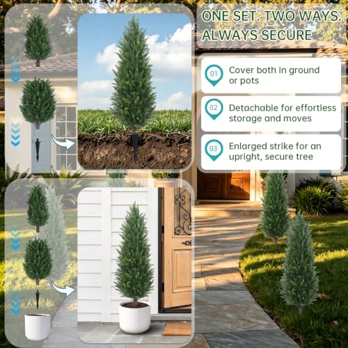 Dark Green 4FT Artificial Cedar Topiary Trees (2 Pack) with Ground Spikes for Garden & Home Decor